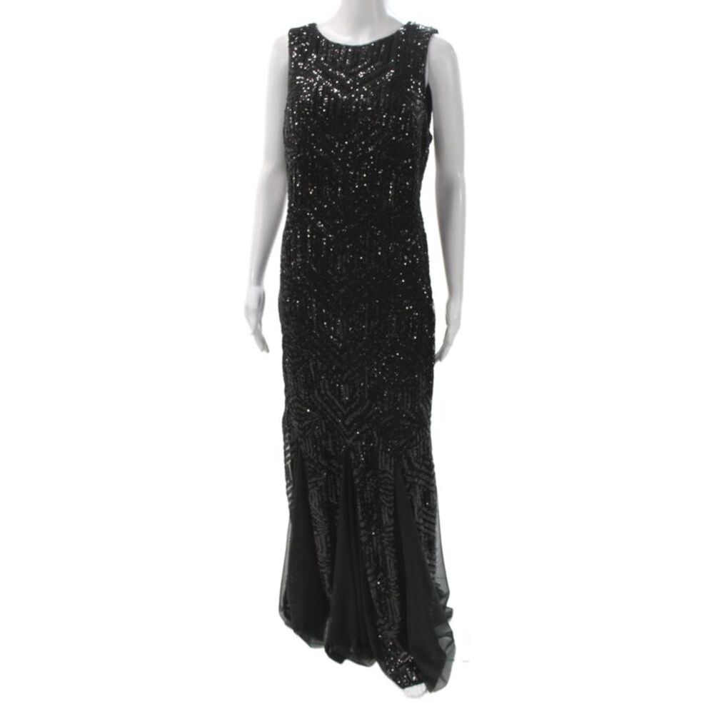 Calvin Klein Women Black Mermaid Sheath Dress Sequin Sleeveless Maxi Size 12